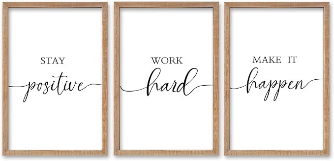 SRSZHIYUE Office Motivational Decor 16"×11" Set of 3 Stay Positive Work Hard Make It Happen Inspirational Quotes Wooden Framed Wall Hanging Art (Wood)