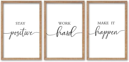 SRSZHIYUE Office Motivational Decor 16"×11" Set of 3 Stay Positive Work Hard Make It Happen Inspirational Quotes Wooden Framed Wall Hanging Art (Wood)