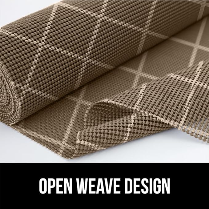 GORILLA GRIP powerGRIP Drawer Shelf and Cabinet Liner, Thick Strong Hold, Non-Adhesive Liners Protect Kitchen Cabinets and Cupboard, Bathroom Drawers, Easy Install, Breathable Mat, 12" x10', Beige