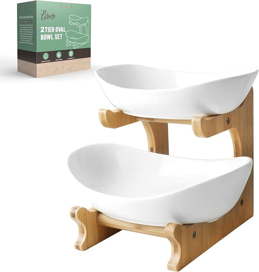 Seven Sparta 2 Tier Fruit Bowl for Kitchen Counter/Ceramic Serving Bowls with Bamboo Stand/Tiered Fruit Basket for Fruit Vegetable Storage, Cake, Dessert, Nuts, Snack, Salad (Dishwasher Safe)