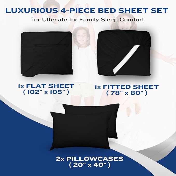 DREAMCARE Twin XL Sheet Set - Cooling Bed Sheets - 4pc Set - up to 15" Deep Pocket - Soft & Long Lasting 100% Fine Brushed Polyester with Side Pocket - Black