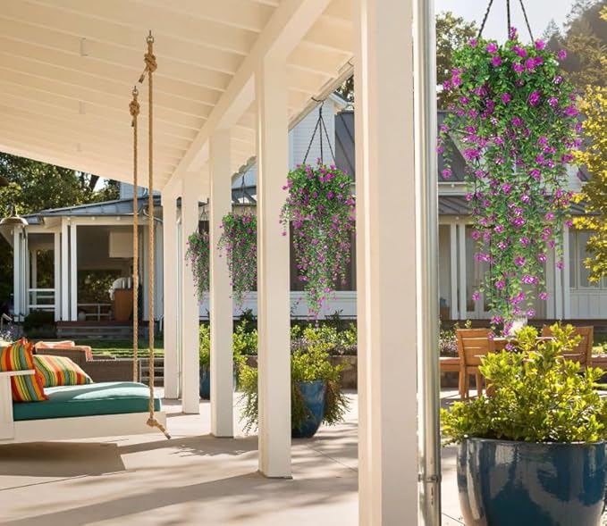 SJL Faux Hanging Plant 4 Pack Hanging Vines Plants Indoor Realistic Artificial Fake Small Hang Plant Leaves Faux Outdoor Plants Plastic Flowers Stem Decor for Wall Room Party (Fuchsia)