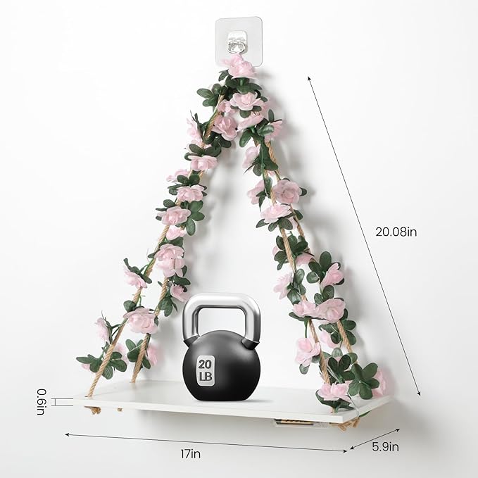 Floating Shelves for Wall No Drilling,Wall Dcorations Art,Hanging Shelf,Leaves and Light Strip with Flower,Set of 2 Plant Decor for Home House Livingroom Bedroom Officer,Boho Decor,Gifts for Woman