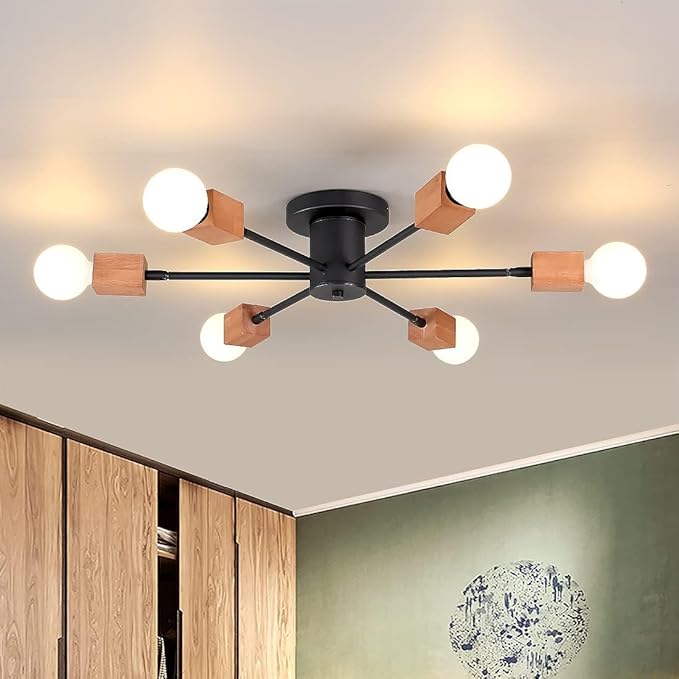 Semi Flush Mount Wood Ceiling Light Fixture 6-Lights Rustic Wooden Sputnik Chandelier Farmhouse Ceiling Lighting Oak and Black with E26 for Dining Room Bedroom Kitchen Lighting Fixture.
