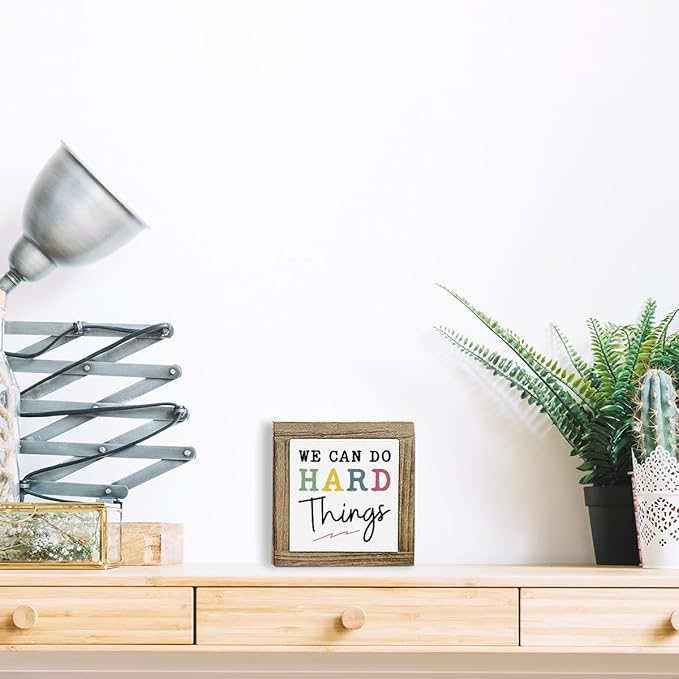 We Can Do Hard Things Sign, Inspirational Deocr, Wood Box Decor Desktop, Motivational Gift For Man Women, Sarcastic Positive Affirmations Decor, Farmhouse Home Office Decoration