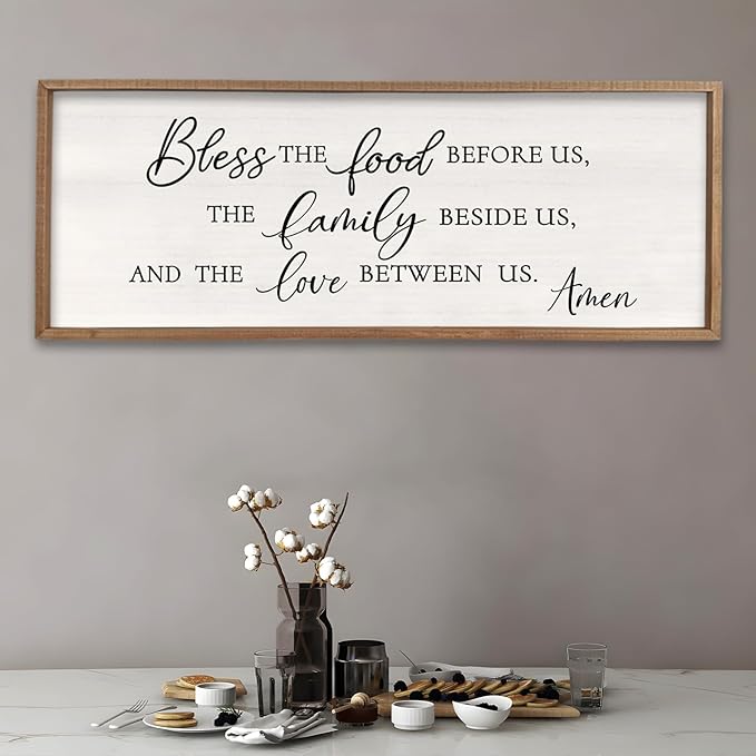 Surfapans Bless the Food Before Us Wall Decor, 32"X12" Farmhouse Dining Room Family Kitchen Sign, Christian Bible Verse Scripture Vintage Home Framed Wood Wall Art (Wood White)