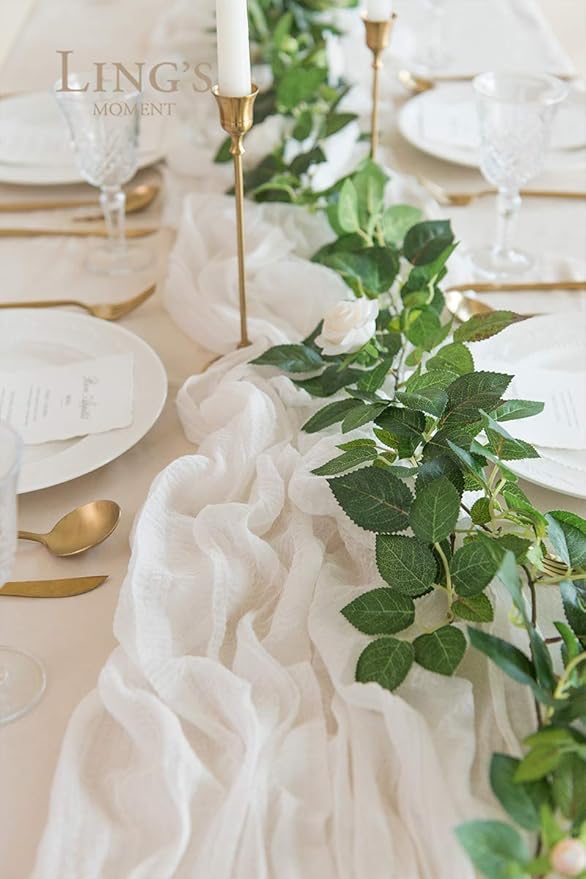 Ling's Moment 10Ft x 35" Wide Brilliant White Gauze Semi-Sheer Table Runner Cheesecloth Tablecloth for Wedding Party Bridal Shower Boho Table Decor