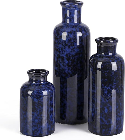 Small Blue Ceramic Vase Set of 3, Boho Modern Flower Vase Room Decor, Farmhouse Decor, Vases for Your Kitchen, Bathroom, Bedroom, Living Room, Office&Shelf Centerpiece Table Decorations