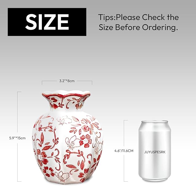 Chinoiserie Vase,Red and White Vase,Vintage Ceramic Vases,Flower Vase for Centerpiece,Chinese Cute Vases for Living Room, Office,Home Decor (Red White, Small)