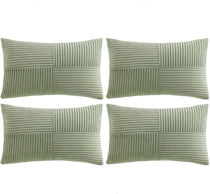 Fancy Homi 4 Packs Sage Green Lumbar Decorative Throw Pillow Covers 12x20 Inch for Living Room Couch Bed, Rustic Farmhouse Boho Home Decor, Soft Striped Corduroy Rectangle Accent Cushion Case 30x50 cm