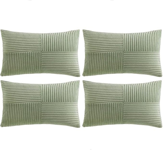 Fancy Homi 4 Packs Sage Green Lumbar Decorative Throw Pillow Covers 12x20 Inch for Living Room Couch Bed, Rustic Farmhouse Boho Home Decor, Soft Striped Corduroy Rectangle Accent Cushion Case 30x50 cm