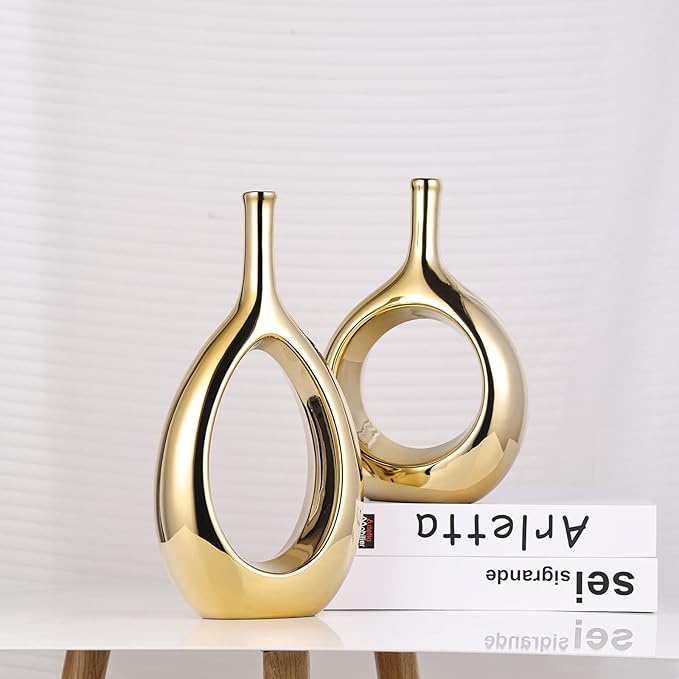 Glossy Gold Vase Ceramic Gold Vases Home Decor,Modern Minimalist Circle with Hole Decorative Vase, Hollow Ellipse Flower vases for Bookshelf, Fireplace Mantle, Centerpieces,Farmhouse,Rustic Décor