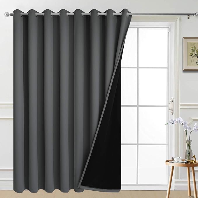 Yakamok Total Blackout Extra Wide Patio Sliding Door Curtains, Grommet Thermal Insulated Blind Curtains, Sliding Glass Door Panel for Living Room/Space Room Divider, Dark Grey, W100 x L84, 1 Panel