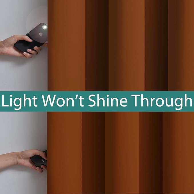 Yakamok Orange 100% Blackout Curtains, Total Blackout Lined Curtain Panels for Bedroom, 2 Thick Layers Grommet Top Thermal Insulated Blackout Drapes for Living Room(52Wx63L, Burnt Orange, 2 Panels)