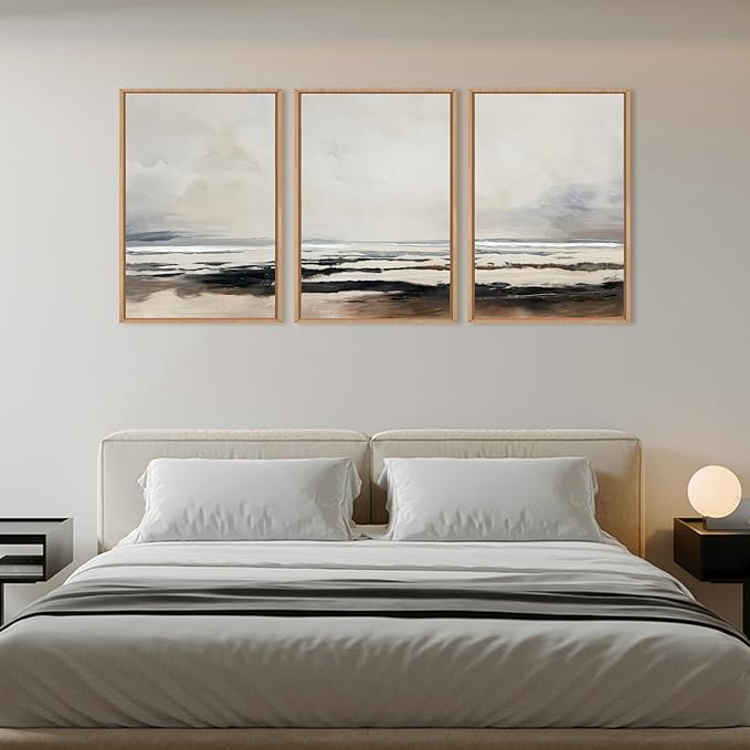 HOURIA Large Neutral Abstract Gray Framed Wall Art Set,Minimalist Modern Beige Brown Landscape Wall Decor,Wilderness Filed Artwork,Watercolor Misty Lake Print for Living Room,Bedroom,Office- 24"x36"x3