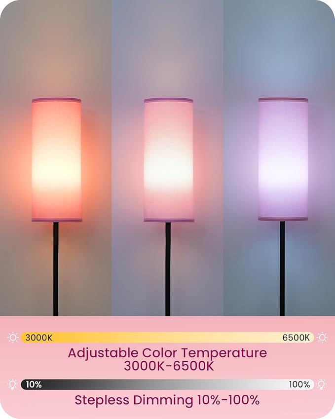 2 Pack Dimmable Pink Floor Lamps for Living Room with 2 Remotes and Foot Switch, Corner Floor Lamp, 64.4'' Standing Tall Lamp, 10W 900LM Bulb Included, 3000K-6500K, Linen Shade, FCC Listed P06LDP205W1