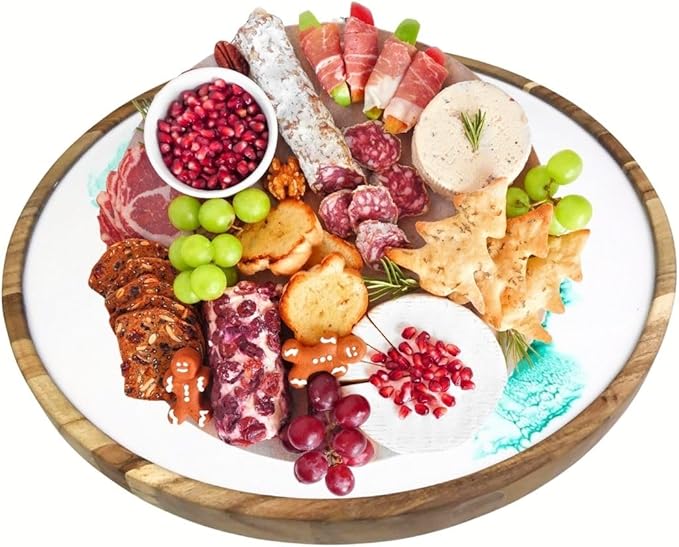 Handmade Acacia Wood Round Serving Tray with Epoxy Resin Art | Perfect for Charcuterie, Serving Platters & Appetizers 15.7 x 15.7 Inches