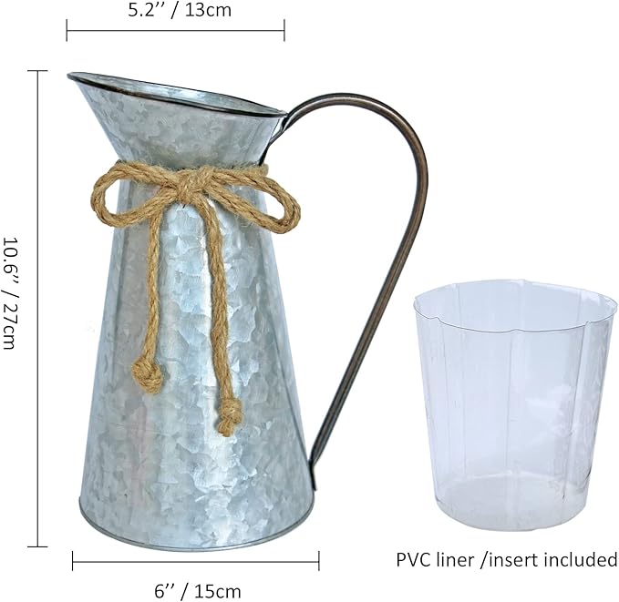 Vintage Galvanized Flower Vase, Farmhouse Decorative Pitcher Vase, Rustic Metal Milk Jug for Home Decor…