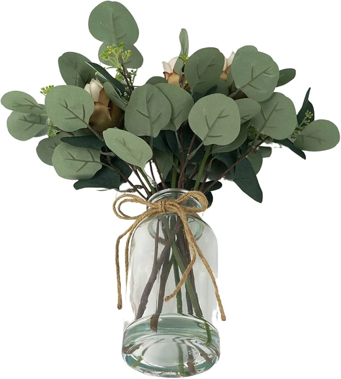 Artificial Eucalyptus Leaves in Glass Vase, 16.1" Eucalyptus Leaves Green Branches 7 Branches Faux Greenery Stems for Home Office Farmhouse Wedding Centerpiece Décor (White)