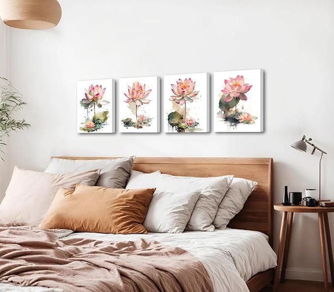 Framed Lotus Floral Wall Art Prints,Lotus Flower Canvas Wall Art,Watercolor Lotus Bloom Meditation Poster,Pink Lotus Zen Canvas Wall Art for Office Bathroom Room Decor Set of 4(8”X10”)