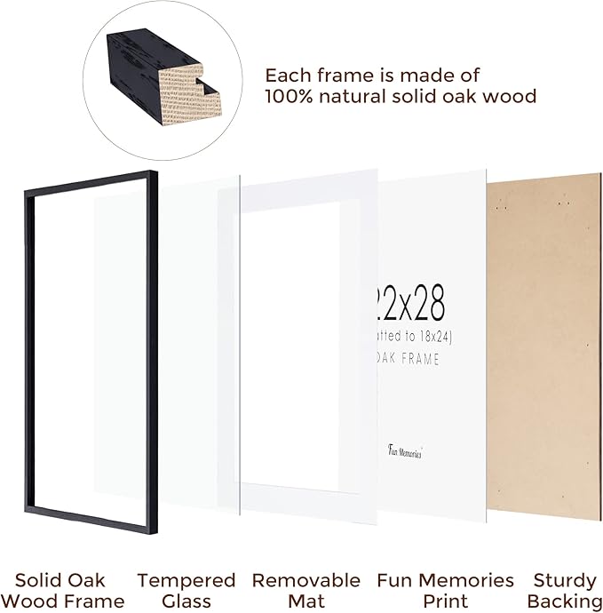 22x28 Black Picture Frame, 22"x28" Oak Wood Frame for Wall, Rustic Poster Frames 22 x 28, 22x28 Matted Frame to 18x24, Tempered Real Glass, 22 by 28 Art Frame (Black, 2 Pack)