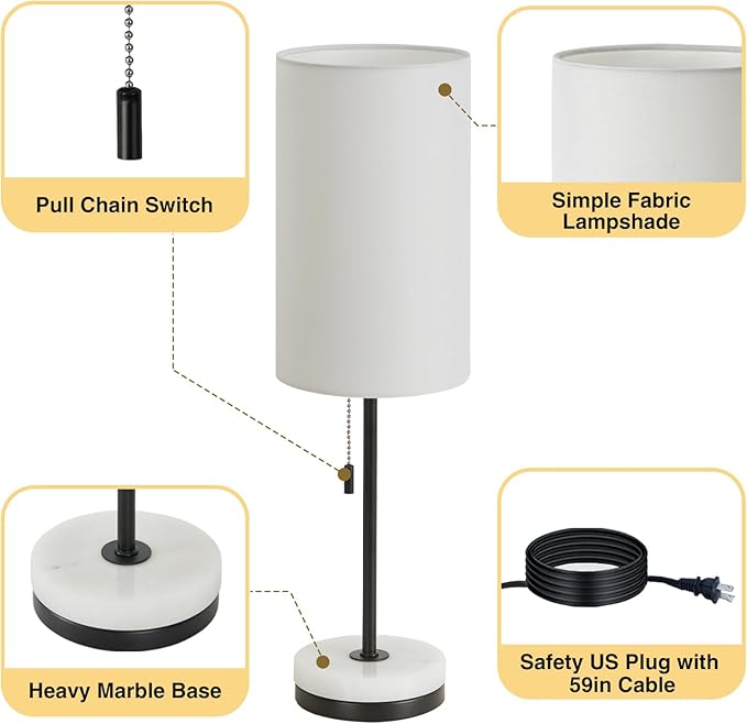 Luvkczc Minimalist Table Lamp Set of 2, Nightstand Lamp for Bedroom Living Room, Modern Pull Chain Bedside Lamp with Marble Base, Fabric Shade, Small Desk Lamp for Home, Office, Reading