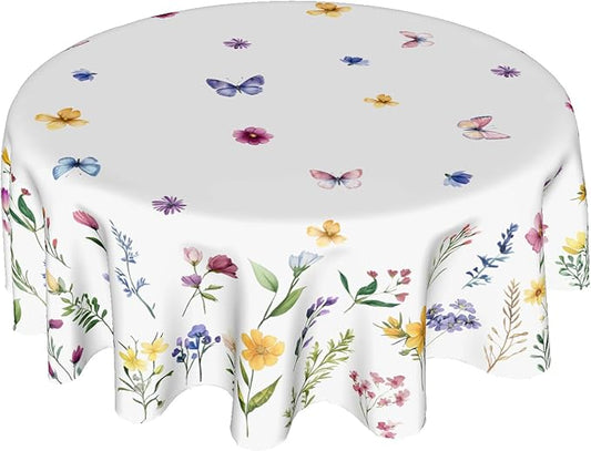 Spring Flower Round Tablecloth Spring Summer Floral Tablecloth Round 60 Inch Watercolor Wildflower Table Cloth Spring Butterfly Farmhouse Table Covers for Kitchen Dinner Picnic Party Indoor Outdoor