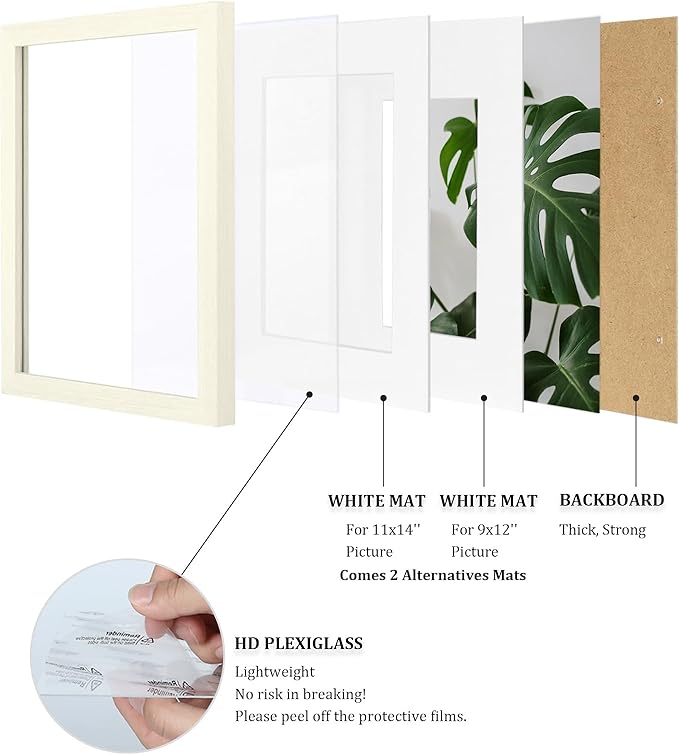 Egofine 12x16 Picture Frames Set of 4, Made of Solid Wood Covered by Plexiglass 9x12 and 11x14 with Mat or 12x16 without Mat, for Wall Mounting Photo Frame Beige