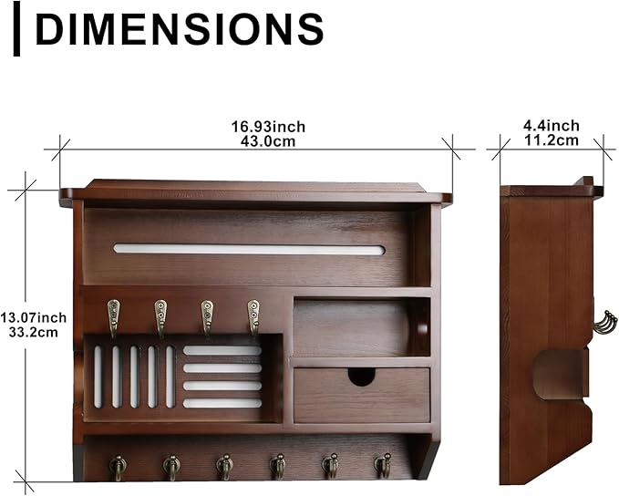 Key Holder for Wall, Mail Organizer Wall Mount with Storage Drawer and 10 Hooks, Easy Installation Key Holder Wall Mount for Home Decor, Walnut