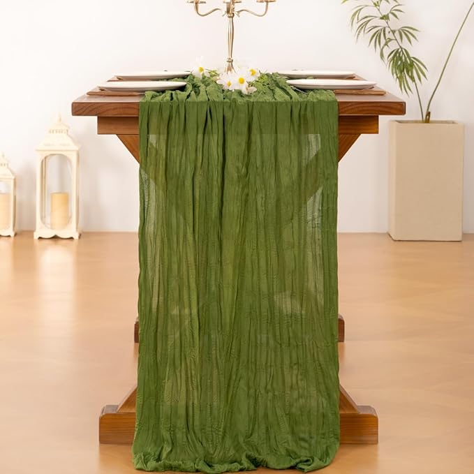 Socomi Olive Green Fall Thanksgiving Cheesecloth Table Runner Boho Rustic Gauze 120 inch 10FT Cheese Cloth Runner for Wedding Party Baby Shower Birthday Home Decor Holiday Decorations