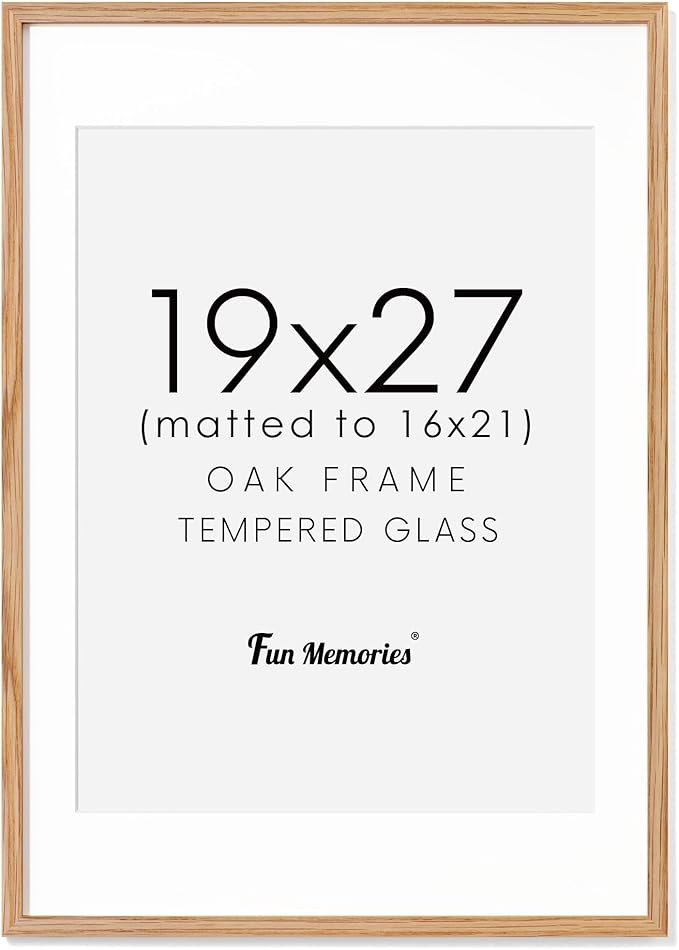 19x27 Picture Frame, Solid Oak Wood 19"x27" Frame, 19 x 27 Poster Frame for Wall, 19x27 Frame Matted to 16x21, Tempered Real Glass, Wood 19"x27" Art Frame, Natural Oak Color, 1 Pack