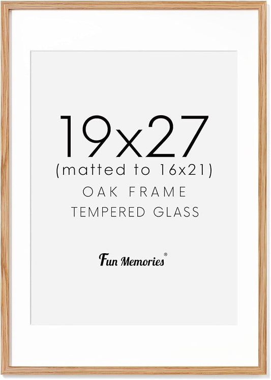 19x27 Picture Frame, Solid Oak Wood 19"x27" Frame, 19 x 27 Poster Frame for Wall, 19x27 Frame Matted to 16x21, Tempered Real Glass, Wood 19"x27" Art Frame, Natural Oak Color, 1 Pack