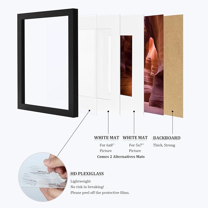 Egofine 9x12 Picture Frames Set of 4, Made of Solid Wood Covered by Plexiglass 5x7 and 6x8 with Mat or 9x12 without Mat, for Table Top Display and Wall Mounting Photo Frame Black