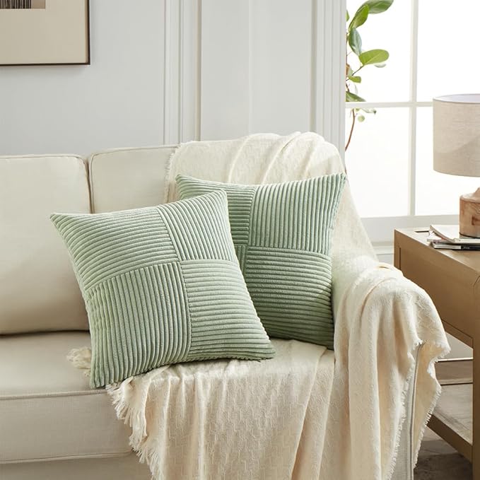 Fancy Homi 4 Packs Sage Green Decorative Throw Pillow Covers 18x18 Inch for Living Room Couch Bed Sofa, Farmhouse Boho Home Decor, Soft Cross Corduroy Patchwork Textured Square Cushion Case 45x45 cm