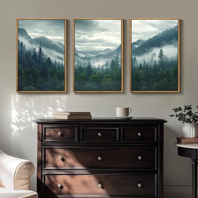 IARTTOP Large Misty Mountain Framed Wall Art 16x24 inch Green Foggy Forest Canvas Wall Decor Modern Pine Trees Nature Landscape Prints for Living Room Bedroom Set of 3