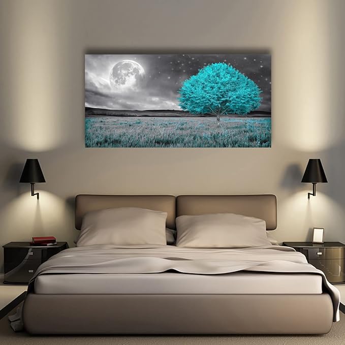 Tree of Life Wall Art Canvas Prints Natural Landscape Picture Home Decor Full Moon and Blue Tree Paintings for Living Room Bedroom Bathroom Kitchen Office Decorations 24x48 Wooden Frames Artwork