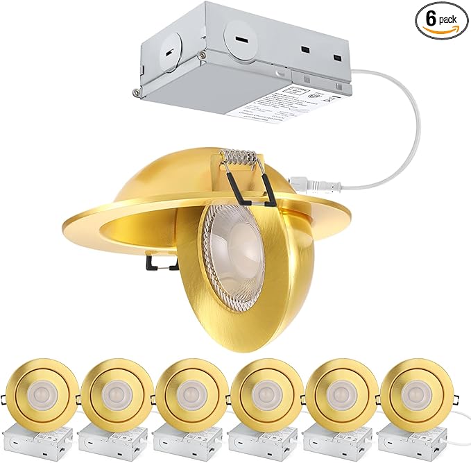 4 inch LED Recessed Light - 9W Gold Gimbal Recessed Lighting Canless Soffit Swivel Eyeball 90° Tilt Wafer Slope Ceiling Adjustable Spotlight Dimmable for Accent Lighting Gold 6 Pack