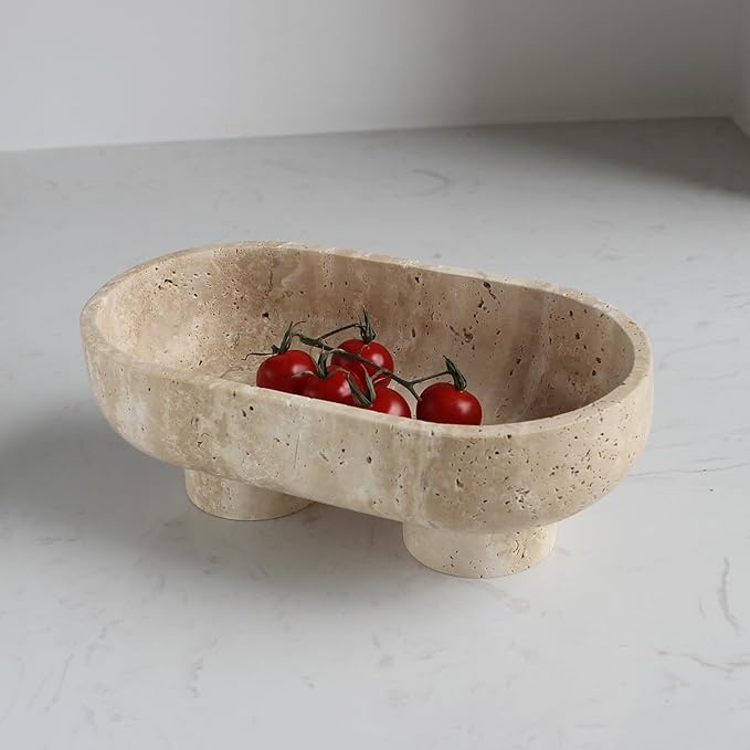 Natural Oval Travertine Fruit Bowl for Kitchen Counter 10", Large Decorative Bowl Two-Legs for Home Decor, Fruits Holder For Dining Table - Kitchen Organization