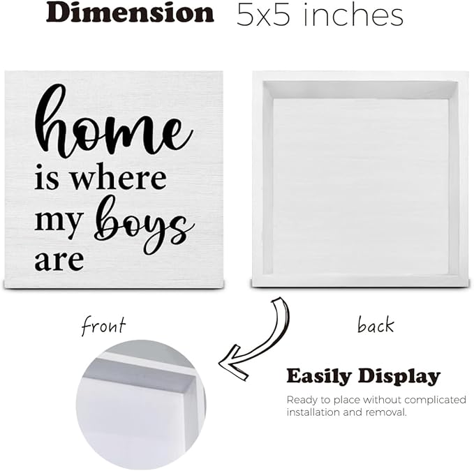 Home Is Where My Boys Are Wood Sign Family Quote Mom Gift Wooden Sign Decoration Home Living Room Bedroom Desk Shelf Table Decor 5 X 5 Inch