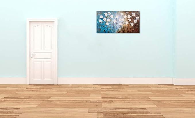 Yihui Arts Flower Painting Hand Painted 3D Brown Light Blue White Canvas Wall Art Giant Contemporary Plant Pictures for Bedroom Living Room Dinning Decoration