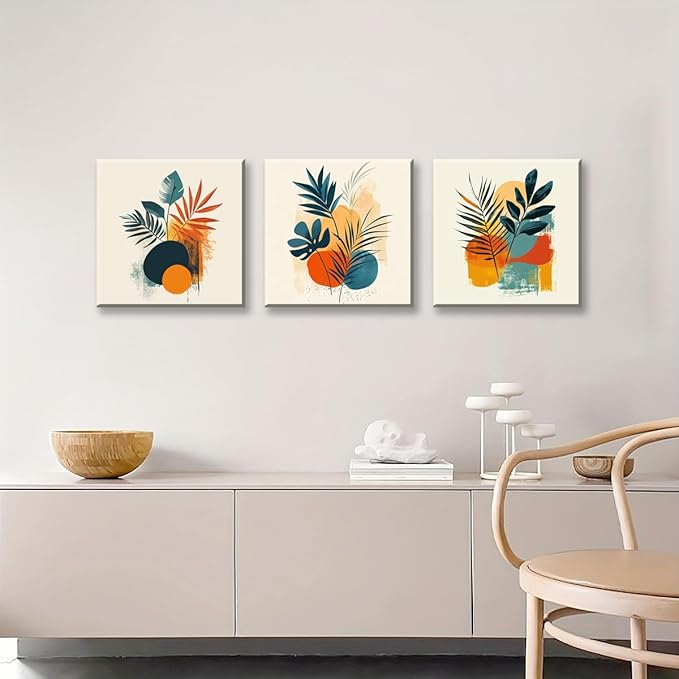 NAN Wind 3Pcs Modern Abstract Botanical Canvas Wall Art Colorful Leaf Prints Contemporary Floral Art for Living Room Minimalist Plant Decor Geometric Canvas Set Ready to Hang for Home Decor
