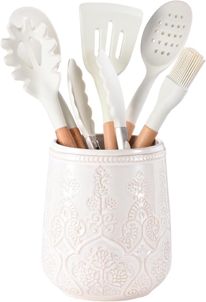 Utensil Holder, Large Kitchen Utensil Holder for Counter, 6.7”Ceramic Cooking Utensils Holder, Kitchen Decor for Counter (White)