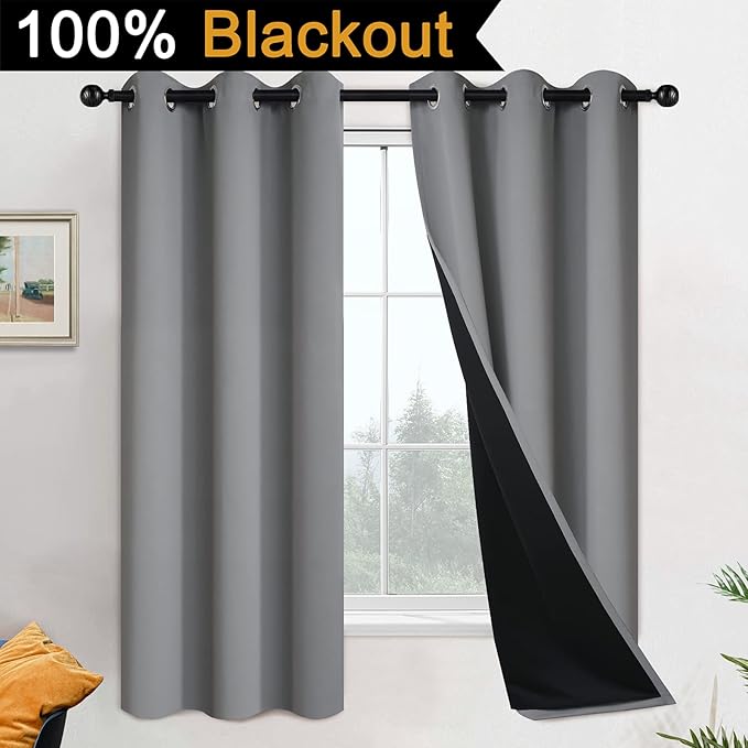Yakamok 63 Inch Length 100% Blackout Curtains for Bedroom, 2 Thick Layers Thermal Insulated Grommet Total Blackout Drapes with Black Liner for Living Room (42Wx63L,Grey, 2 Panels)