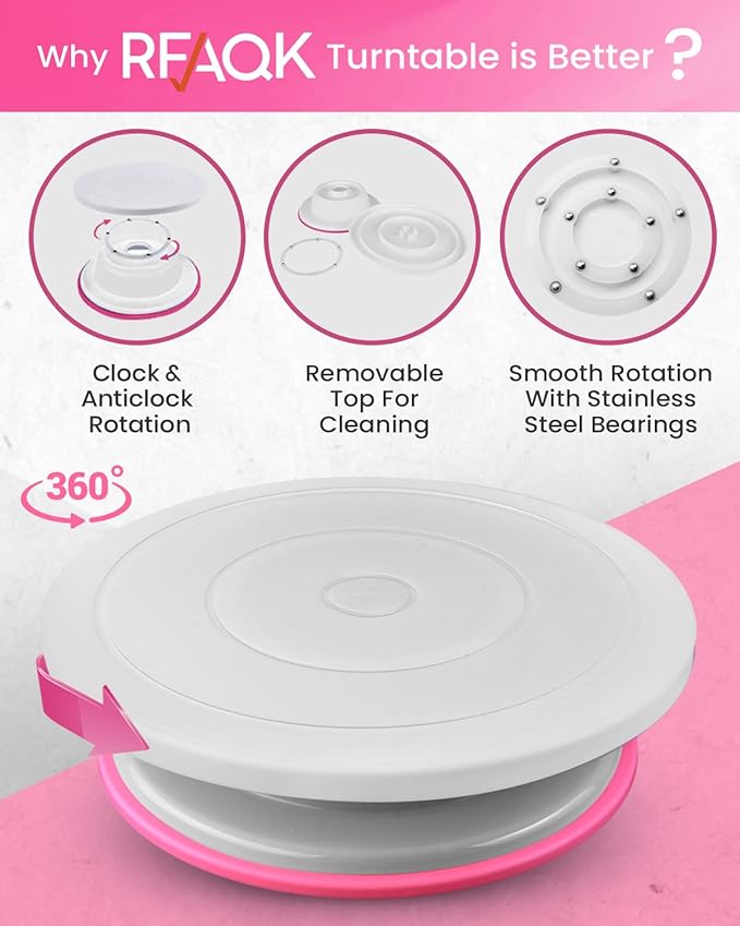 RFAQK 200PCs Cake Decorating Kit for Beginners with Turntable for Decoration - Piping Bags and Tips Set (110+55), Straight & Offset Spatula, Leveler, Video Course, Pattern Chart & More Baking Supplies