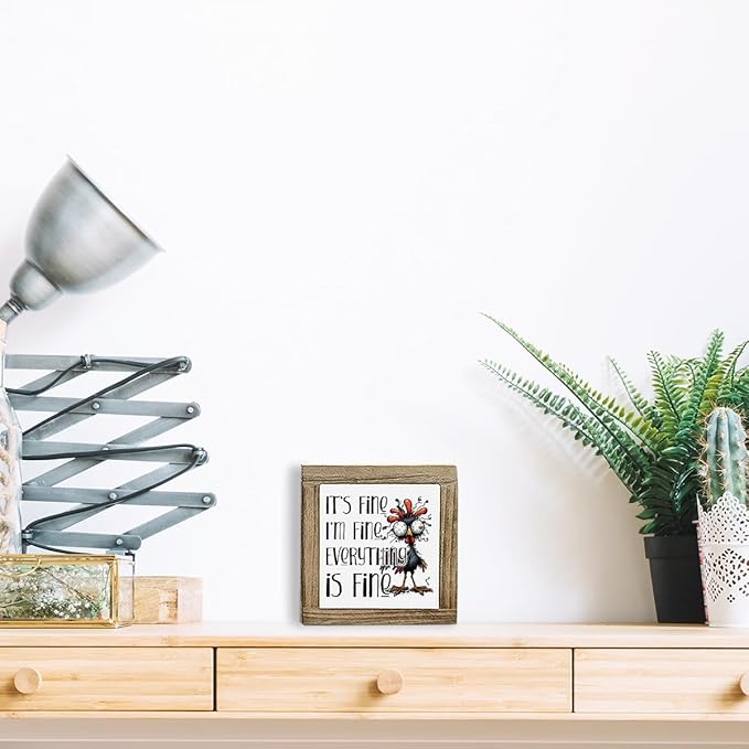 Funny Office Decor, Wood Box Sign, Cranky Chicken It's Fine I'm Fine Everything Is Fine, Office Desktop Decor Sign, Funny Home Desktop Decoration, Farmhouse Home Room Decoration