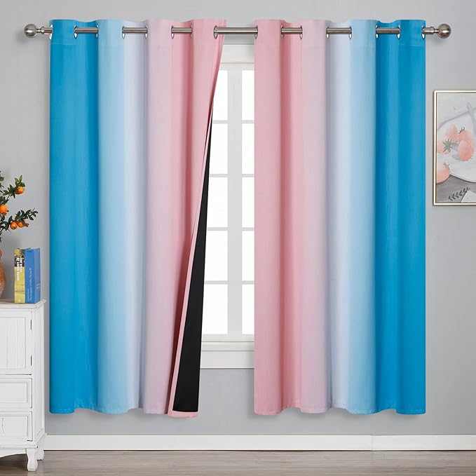 Estelar Textiler Ombre Pink and Blue Blackout Curtains 72 Inch Length 2 Panels, Full Light Blocking Curtains for Bedroom, Grommet Thermal Insulated Gradient Drapes for Living Room, 52x72 Inch