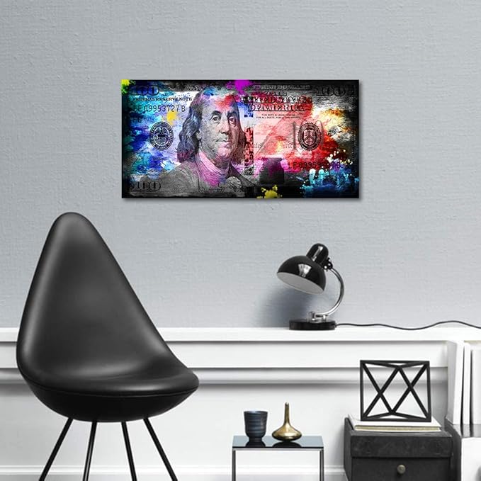Inspirational Canvas Wall Art 100 Dollars Bill ArtWork Canvas Print Office Decor Money Pop Art Entrepreneur Motivational 100 Bill Cash Posters Pictures for Home Decor Framed ready to Hang - 32"Wx16"H