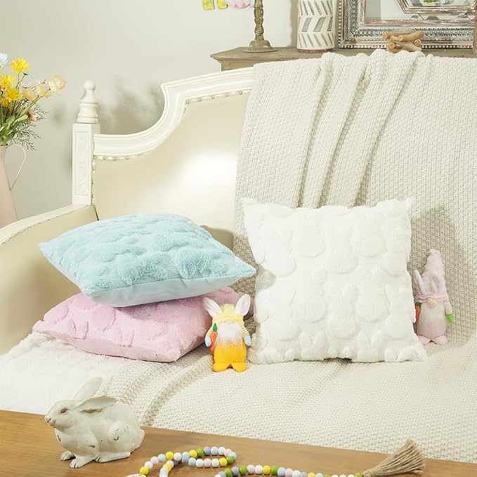 GEEORY Easter Bunny Soft Plush Pillow Covers, 16 x 16 Inch Set of 2, Fluffy Faux Fur Wool Decorative Farmhouse Cushion Case for Sofa Home Decoration Beige GC013-16