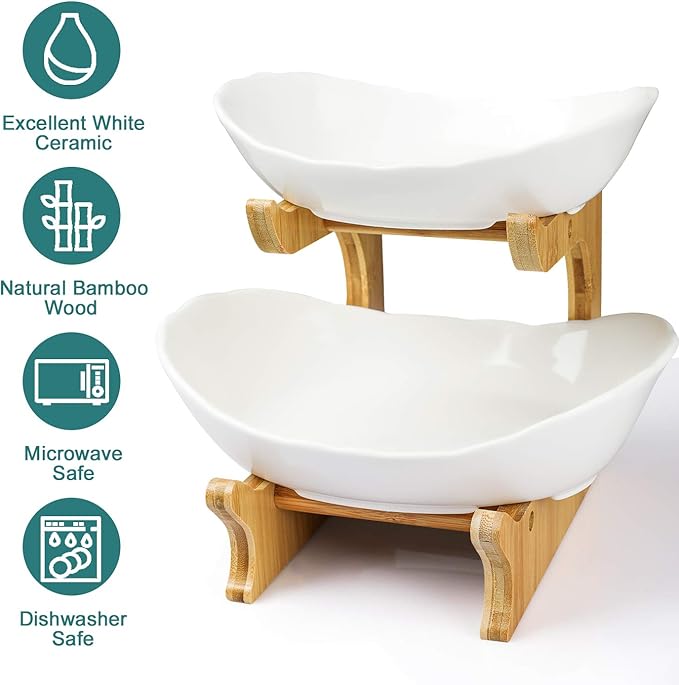 Seven Sparta 2 Tier Fruit Bowl for Kitchen Counter/Ceramic Serving Bowls with Bamboo Stand/Tiered Fruit Basket for Fruit Vegetable Storage, Cake, Dessert, Nuts, Snack, Salad (Dishwasher Safe)