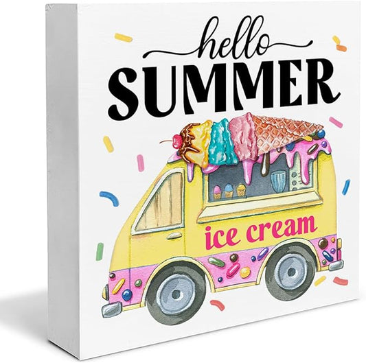 Hello Summer Decor Ice Cream Wood Block Sign Summer Decorations for Home Kitchen 5 x 5 Inches
